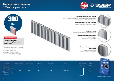 ЗУБР гвозди тип 300 (47/J/F), 16 мм, калибр 18GA. 1000 шт. Профессионал (31643-16)