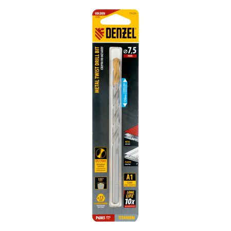 Сверло спиральное по металлу 7,5 х 156 мм, Р6М5, Golden Tip, удлиненное Denzel