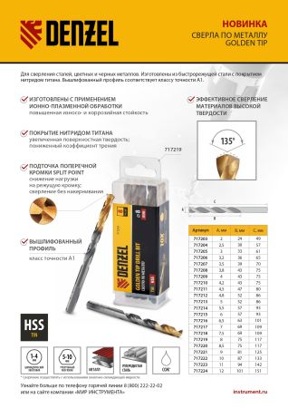 Сверло по металлу, 4,2 мм, HSS-Tin, Golden Tip, 10 шт. Denzel