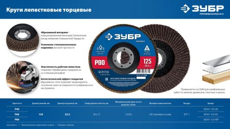 ЗУБР 125 х 22.2 мм, P40, КЛТ, Круг лепестковый торцевой (36591-125-40)