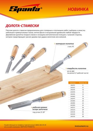 Долото-стамеска 38 мм, деревянная рукоятка Sparta