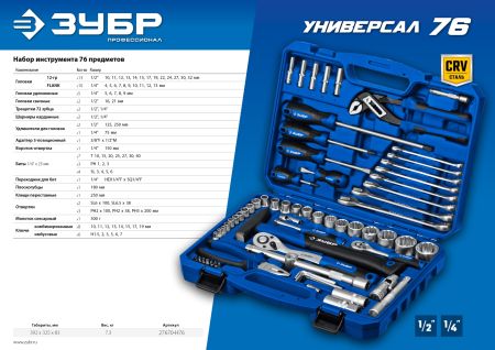 ЗУБР Универсал-76, 76 предм., (1/2″+ 1/4″), универсальный набор инструмента, Профессионал (27670-H76)