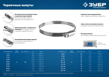 ЗУБР Х-9Н, 77 - 95 мм, накатная лента 9 мм, цинк, 25 шт, червячный хомут (37807-95)