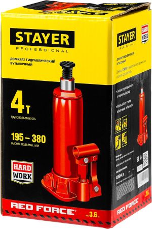 STAYER RED FORCE, 4 т, 195 - 380 мм, бутылочный гидравлический домкрат, Professional (43160-4)