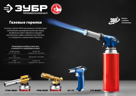 ЗУБР ГП-500, 1300°C, увеличенный выход пламени, газовая горелка с пьезоподжигом на баллон с цанговым соединением, Профессионал (55552)