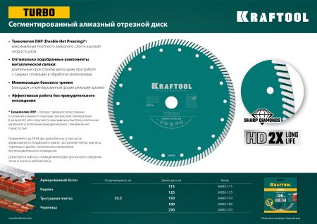 KRAFTOOL Turbo, 150 мм, (22.2 мм, 10 х 2.4 мм), сегментированный алмазный диск (36682-150)