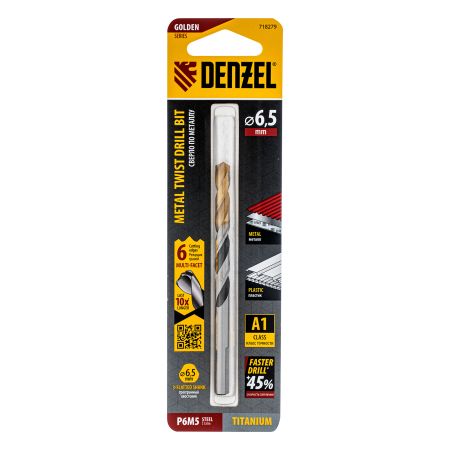 Сверло спиральное по металлу 6,5 x 93мм, Р6М5, Golden Tip, многогранная заточка Denzel