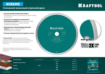KRAFTOOL KERAMO, 125 мм, (22.2 мм, 10 х 1.6 мм), сплошной алмазный диск (36684-125)