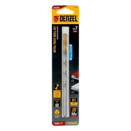 Сверло спиральное по металлу 7,0 х 156 мм, Р6М5, Golden Tip, удлиненное Denzel