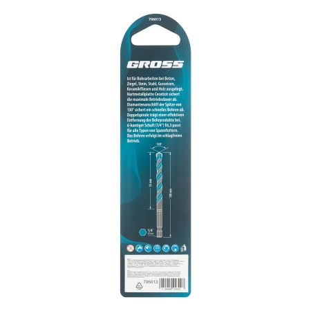 Сверло универсальное, Multipurpose PRO, 6-гр. хвостовик, 8мм Gross