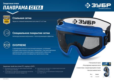 ЗУБР ПАНОРАМА СЕТКА защитные очки закрытые с экраном из стальной мелкоячеистой сетки, Профессионал (110234)