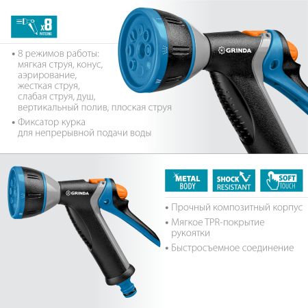 GRINDA BM-8, 8 режимов, курок сзади, металлический с TPR, поливочный пистолет, PROLine (8-427339)