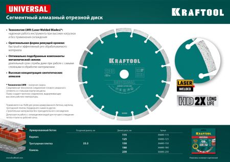 KRAFTOOL LASER-UNIVERSAL 150 мм (22.2 мм, 10х2.4мм), алмазный диск (36680-150)