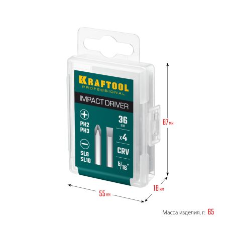 KRAFTOOL 36 мм, 4 шт, набор бит для ударной отвертки (25551)