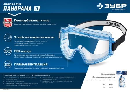 ЗУБР ПАНОРАМА П прямая вентиляция, защитные очки закрытые, защита от царапин и запотевания, UV 380, оптический класс 1, Профессионал (110231)