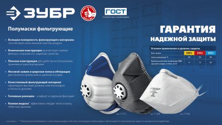 ЗУБР класс защиты FFP1, плоская, фильтрующая полумаска с клапаном выдоха (11166)