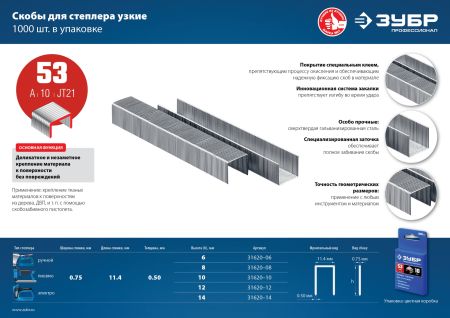 ЗУБР скобы тип 53 (A/10/JT21), 12 мм, калибр 23GA. 1000 шт. Профессионал (31620-12)