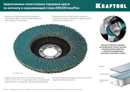 KRAFTOOL ZIRCON 125 х 22.2 мм, P40, круг лепестковый циркониевый торцевой по металлу и нержавеющей стали (36594-125-40)