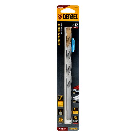 Сверло спиральное по металлу 12 x 205 мм, Р6М5, Golden Tip, удлиненное Denzel