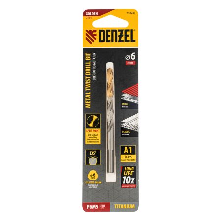 Сверло спиральное по металлу 6 x 93 мм, Р6М5, Golden Tip  Denzel