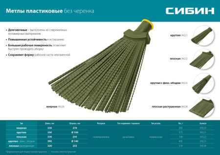 СИБИН 380 х 260 мм, полипропилен, коническое резьбовое соединение, плоская, гибкая, пластиковая метла (39222)